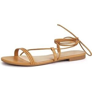 Party Womens Size 6 Tan Strappy Ankle Wrap Lace Up Open Toe Flat Sandal Shoes